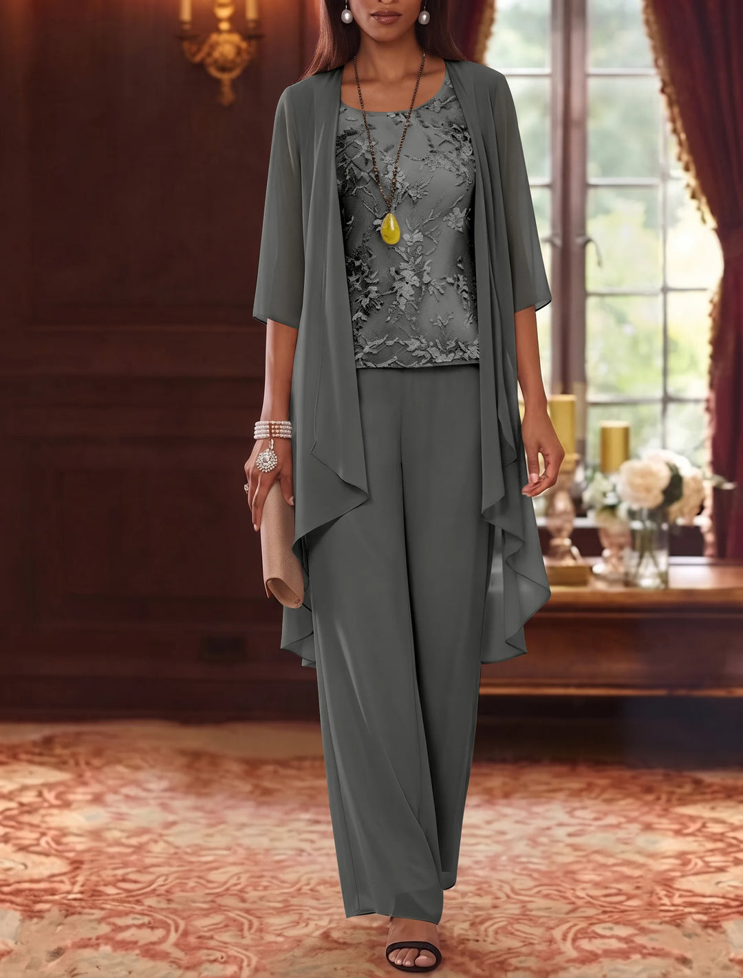 3 Pieces Scoop Chiffon Mother of the Bride Pantsuits with Jacket 3/4 Sleeves Ankle-Length Lace Floral