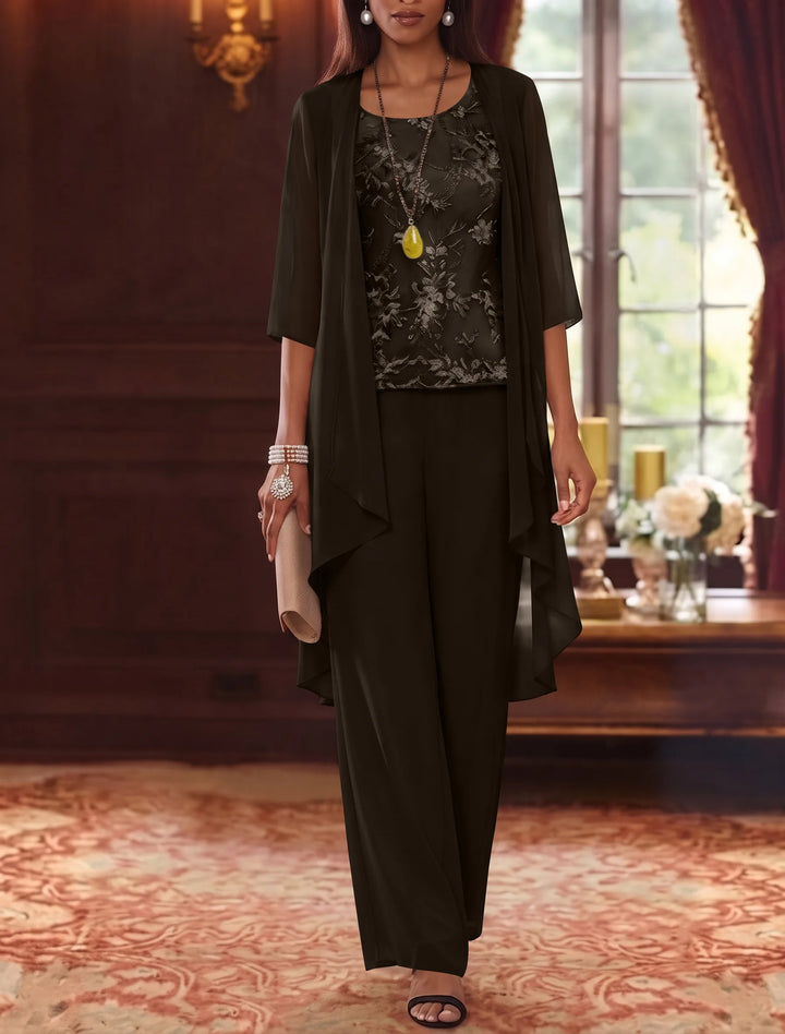 3 Pieces Scoop Chiffon Mother of the Bride Pantsuits with Jacket 3/4 Sleeves Ankle-Length Lace Floral