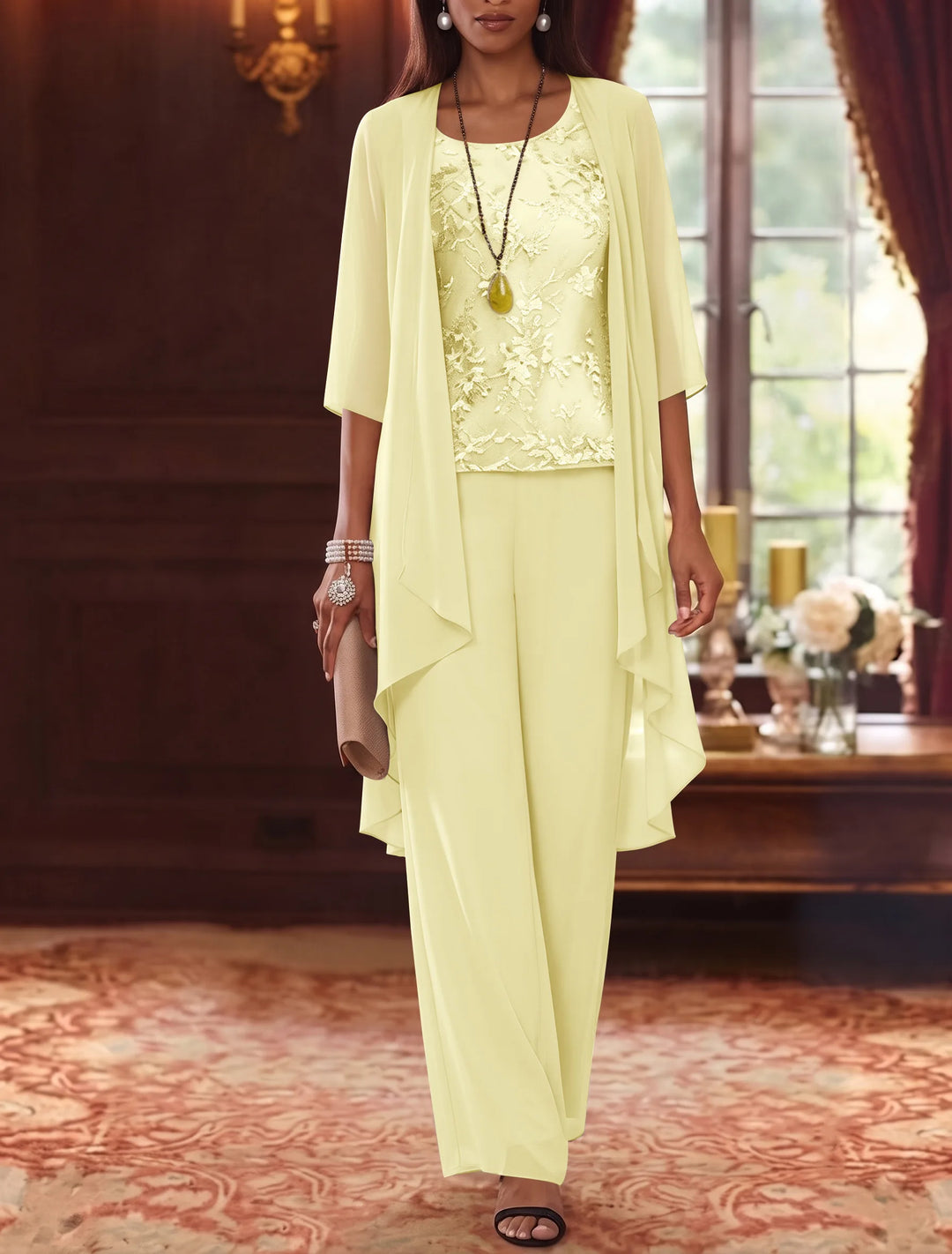 3 Pieces Scoop Chiffon Mother of the Bride Pantsuits with Jacket 3/4 Sleeves Ankle-Length Lace Floral