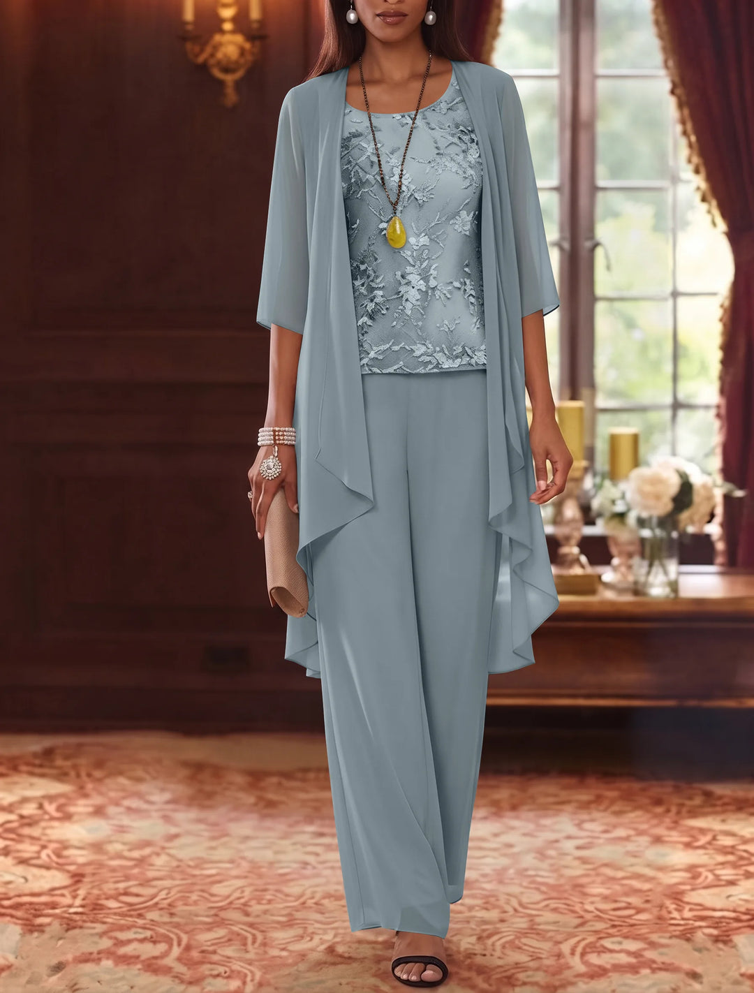 3 Pieces Scoop Chiffon Mother of the Bride Pantsuits with Jacket 3/4 Sleeves Ankle-Length Lace Floral