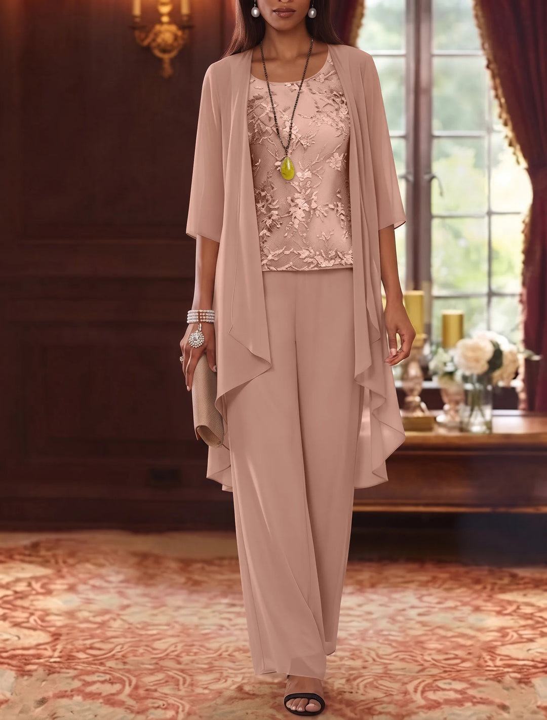 3 Pieces Scoop Chiffon Mother of the Bride Pantsuits with Jacket 3/4 Sleeves Ankle-Length Lace Floral