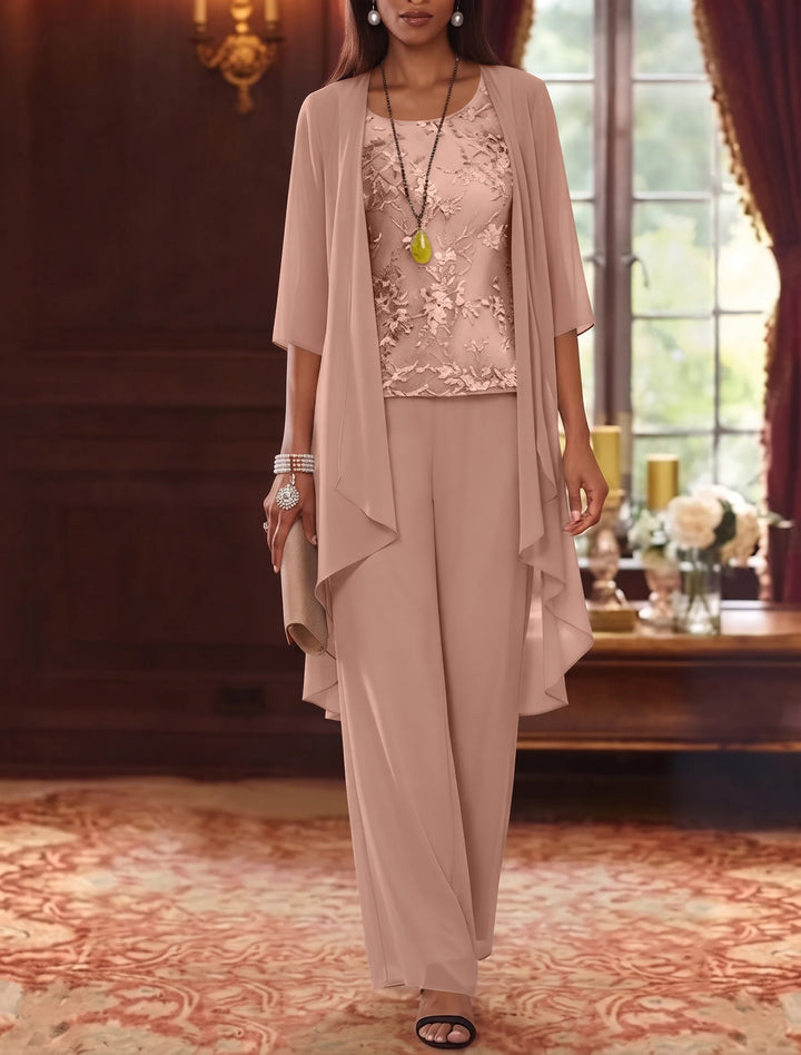 3 Pieces Scoop Chiffon Mother of the Bride Pantsuits with Jacket 3/4 Sleeves Ankle-Length Lace Floral