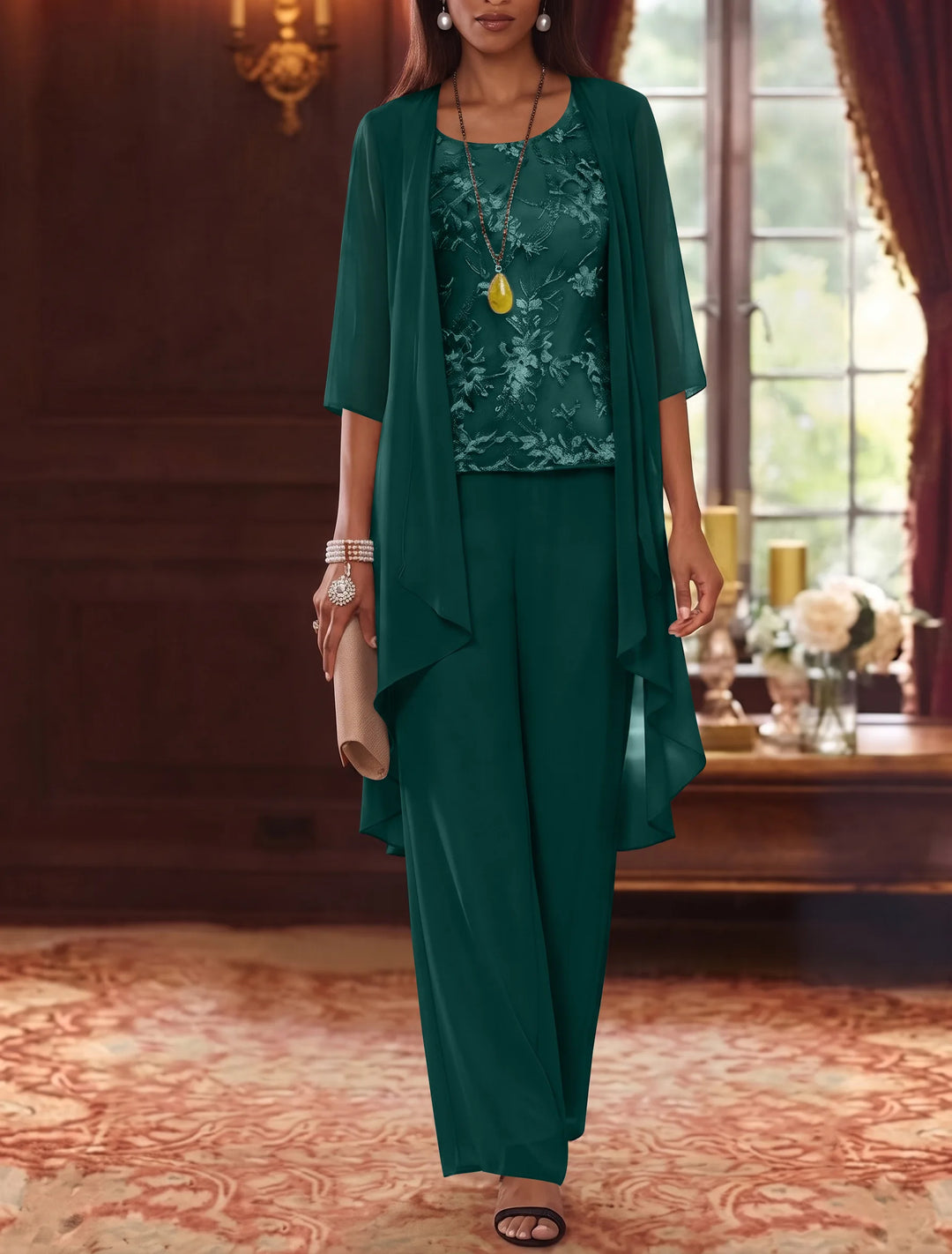 3 Pieces Scoop Chiffon Mother of the Bride Pantsuits with Jacket 3/4 Sleeves Ankle-Length Lace Floral