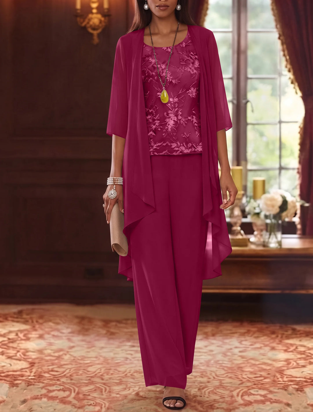 3 Pieces Scoop Chiffon Mother of the Bride Pantsuits with Jacket 3/4 Sleeves Ankle-Length Lace Floral