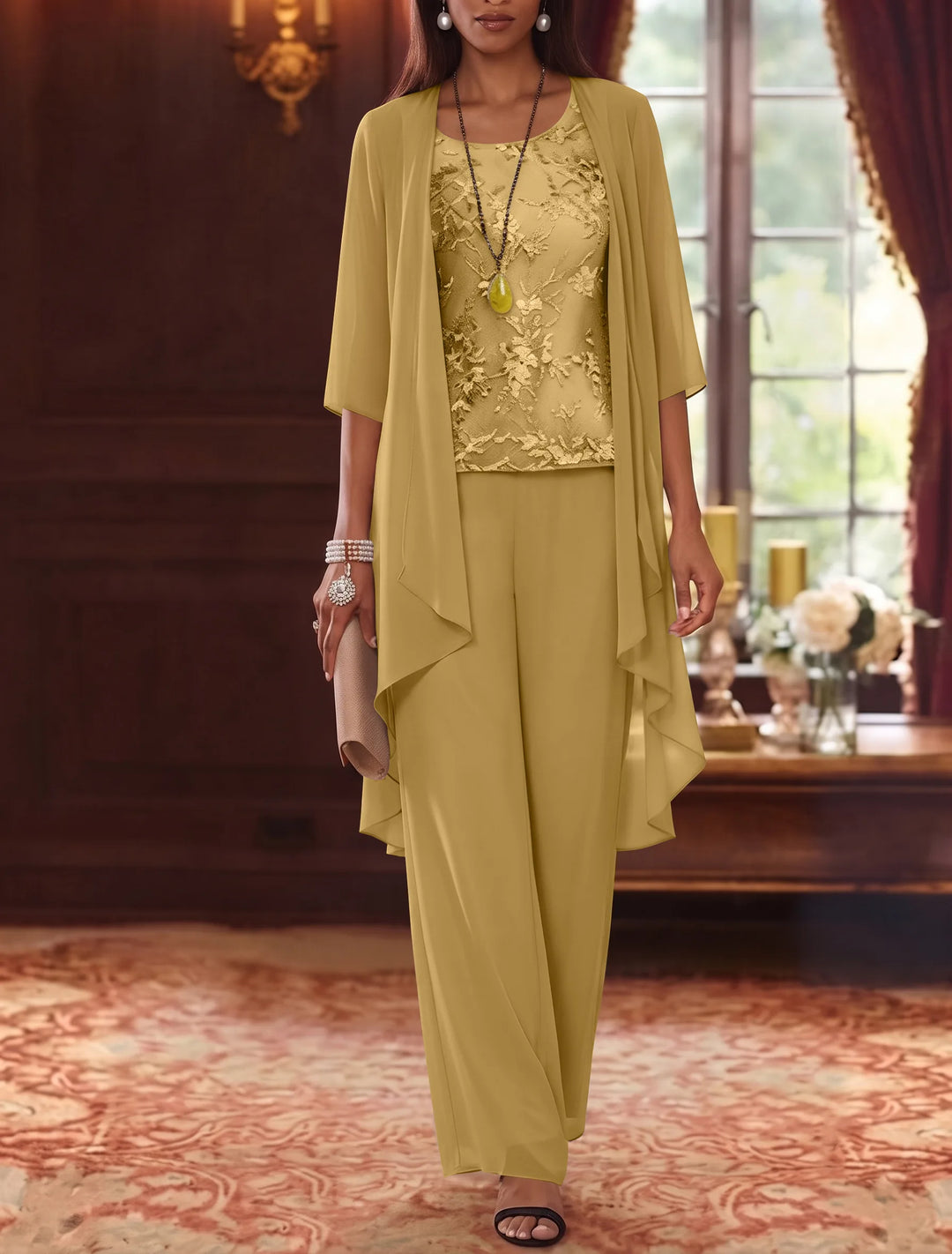 3 Pieces Scoop Chiffon Mother of the Bride Pantsuits with Jacket 3/4 Sleeves Ankle-Length Lace Floral