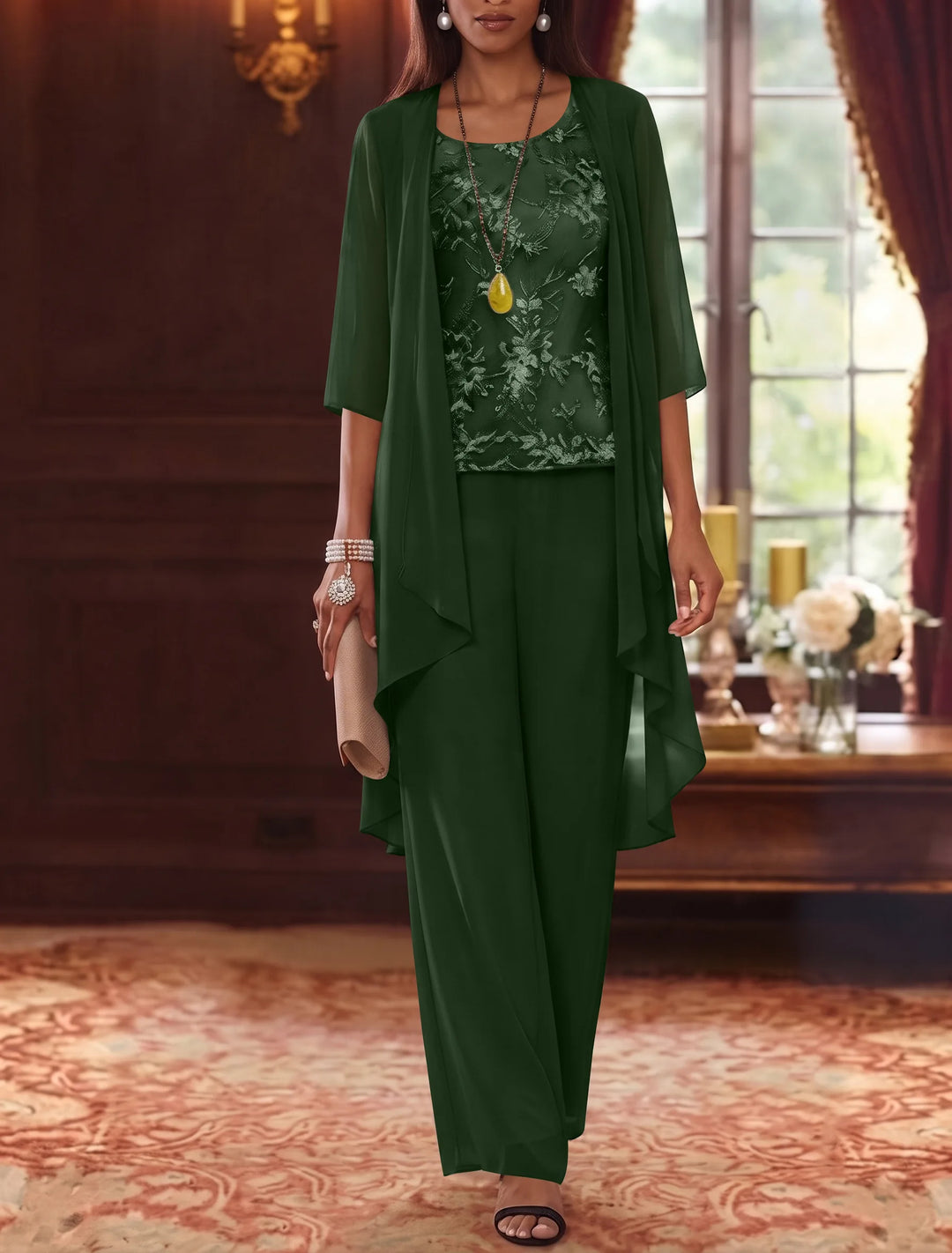 3 Pieces Scoop Chiffon Mother of the Bride Pantsuits with Jacket 3/4 Sleeves Ankle-Length Lace Floral