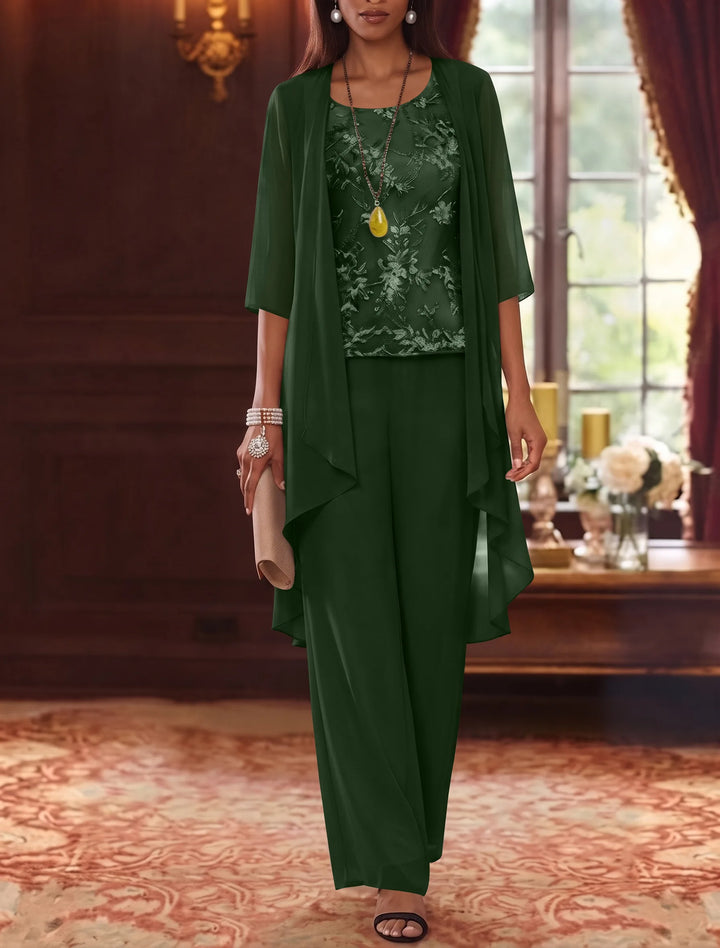 3 Pieces Scoop Chiffon Mother of the Bride Pantsuits with Jacket 3/4 Sleeves Ankle-Length Lace Floral