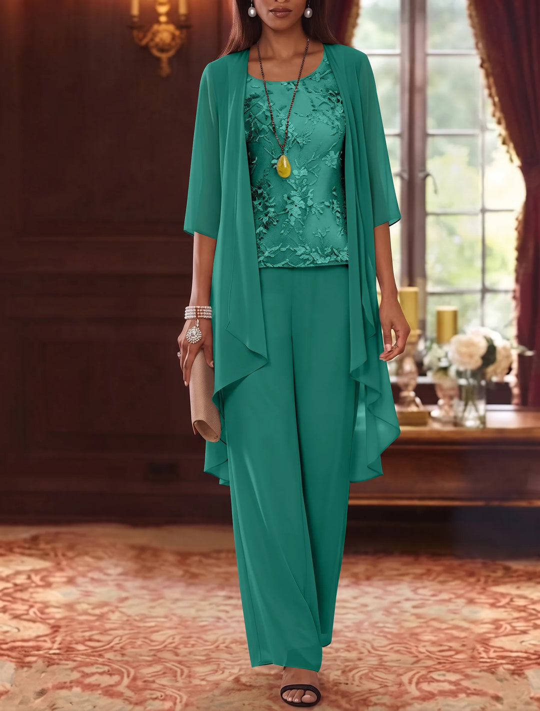 3 Pieces Scoop Chiffon Mother of the Bride Pantsuits with Jacket 3/4 Sleeves Ankle-Length Lace Floral