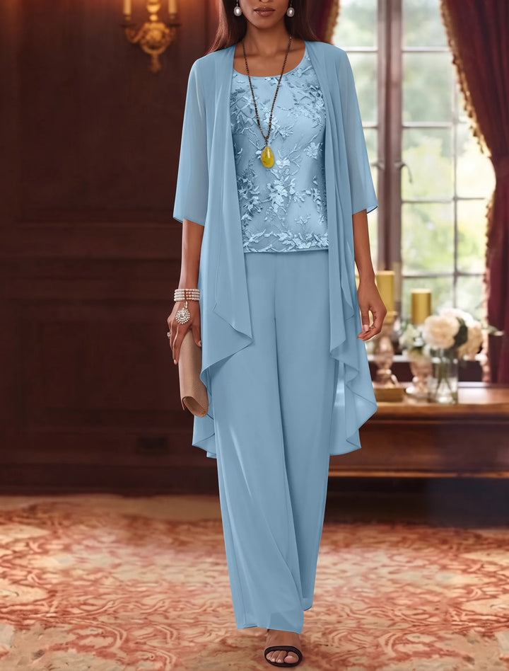 3 Pieces Scoop Chiffon Mother of the Bride Pantsuits with Jacket 3/4 Sleeves Ankle-Length Lace Floral