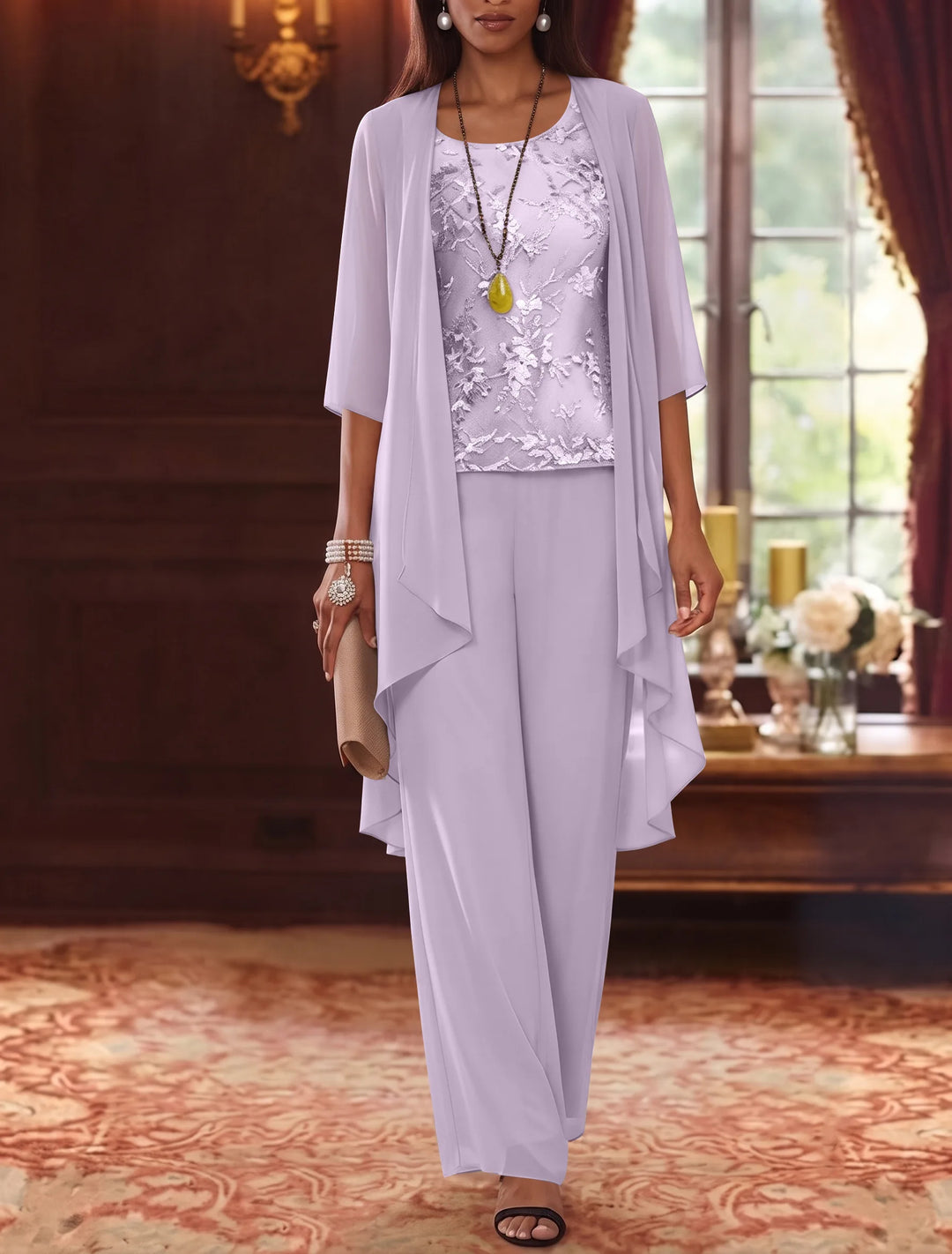 3 Pieces Scoop Chiffon Mother of the Bride Pantsuits with Jacket 3/4 Sleeves Ankle-Length Lace Floral