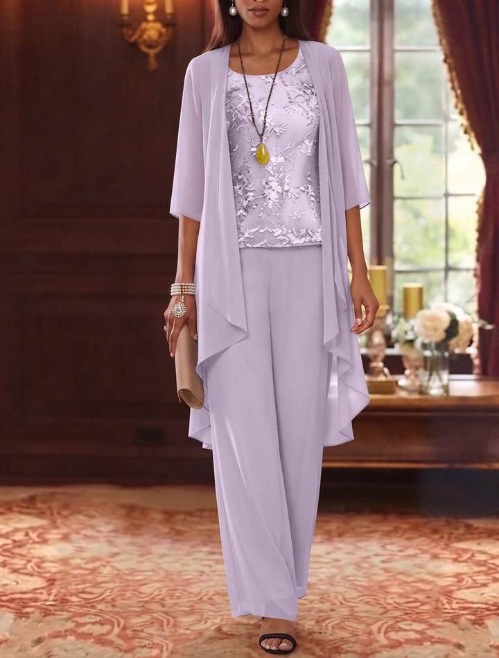 3 Pieces Scoop Chiffon Mother of the Bride Pantsuits with Jacket 3/4 Sleeves Ankle-Length Lace Floral