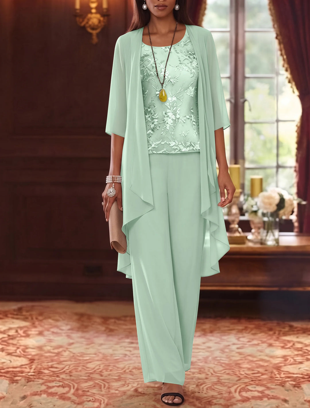 3 Pieces Scoop Chiffon Mother of the Bride Pantsuits with Jacket 3/4 Sleeves Ankle-Length Lace Floral