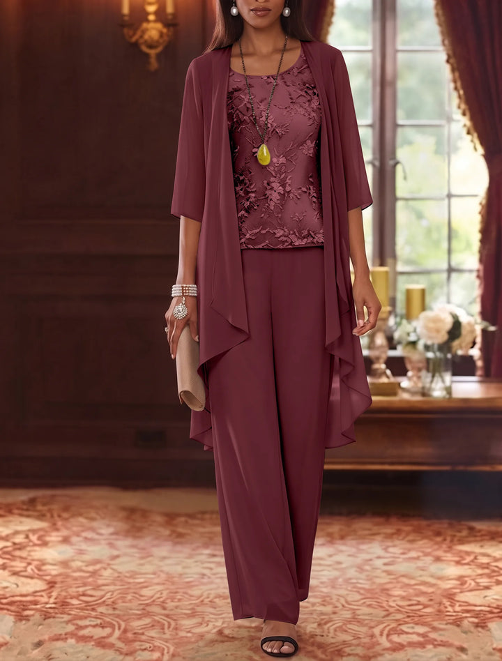 3 Pieces Scoop Chiffon Mother of the Bride Pantsuits with Jacket 3/4 Sleeves Ankle-Length Lace Floral