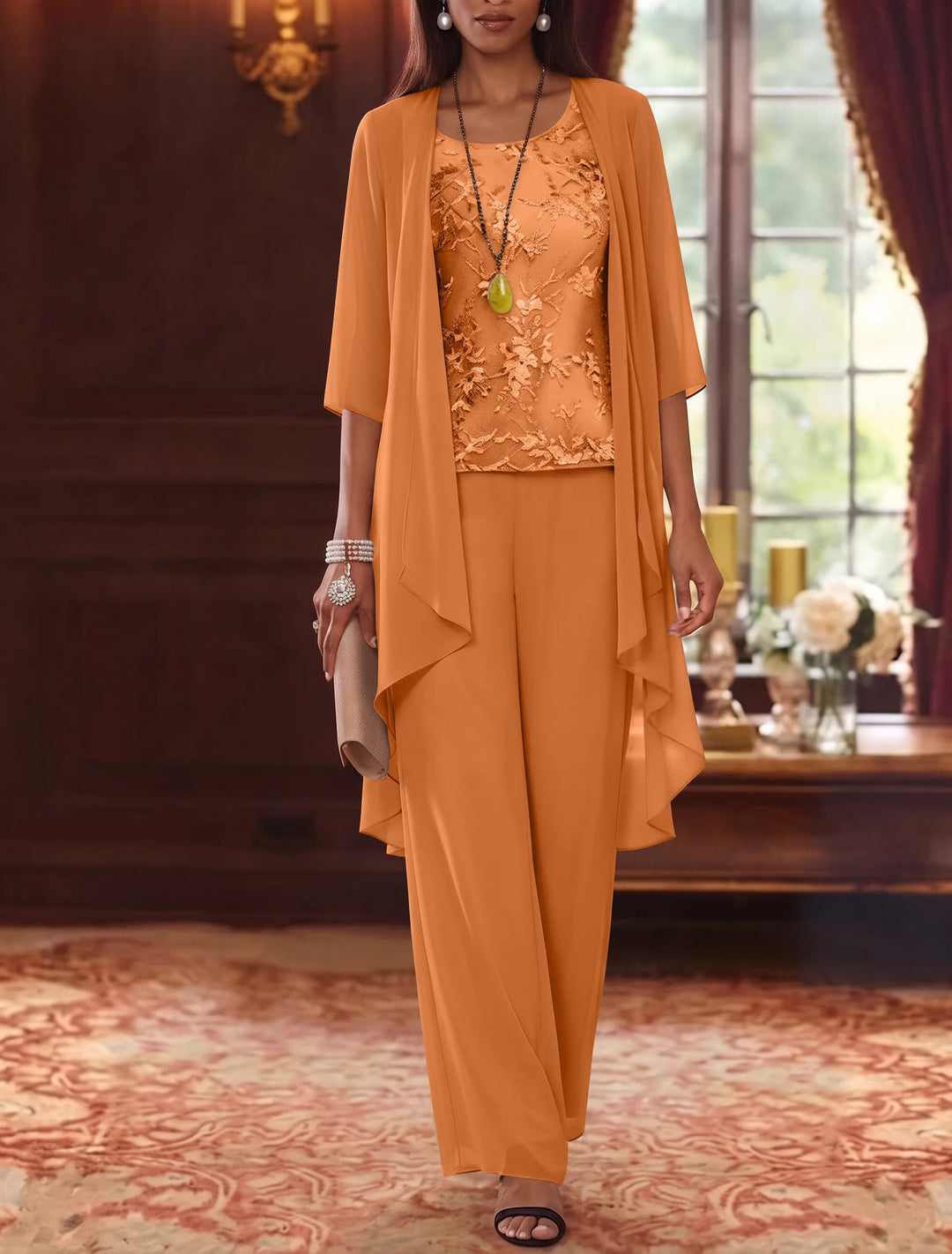 3 Pieces Scoop Chiffon Mother of the Bride Pantsuits with Jacket 3/4 Sleeves Ankle-Length Lace Floral