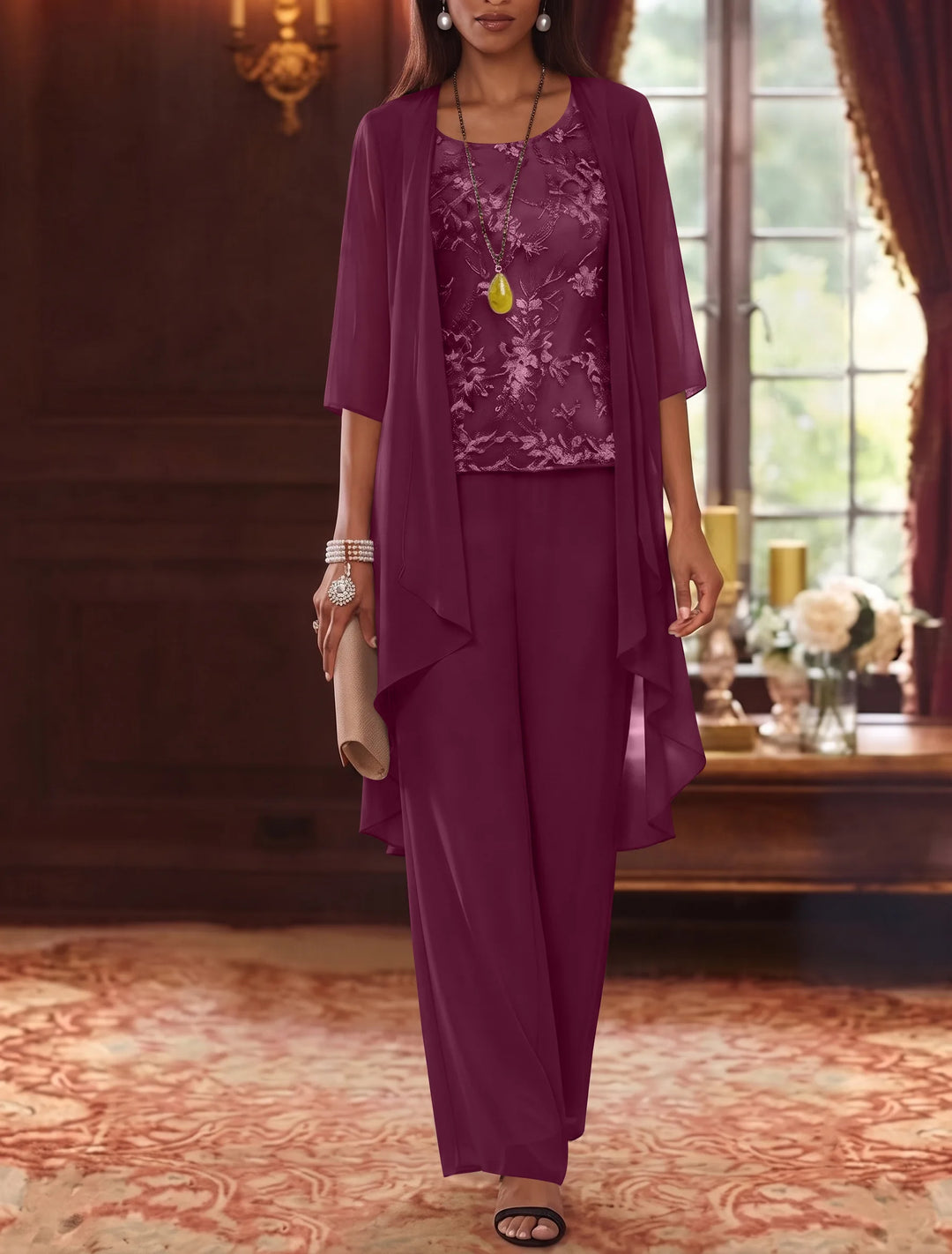 3 Pieces Scoop Chiffon Mother of the Bride Pantsuits with Jacket 3/4 Sleeves Ankle-Length Lace Floral