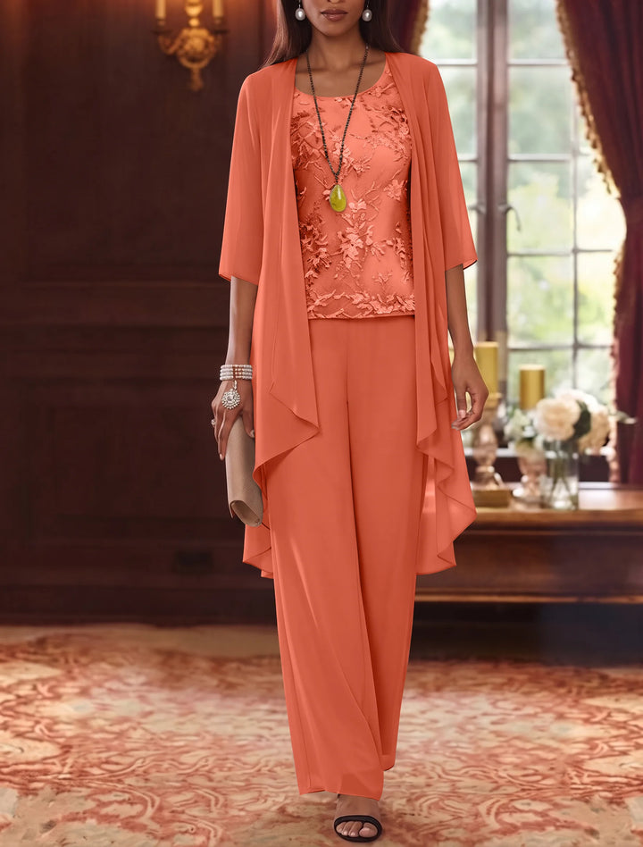 3 Pieces Scoop Chiffon Mother of the Bride Pantsuits with Jacket 3/4 Sleeves Ankle-Length Lace Floral