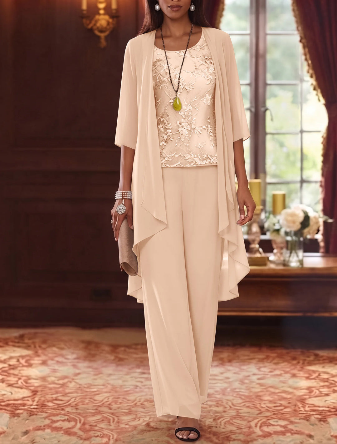 3 Pieces Scoop Chiffon Mother of the Bride Pantsuits with Jacket 3/4 Sleeves Ankle-Length Lace Floral