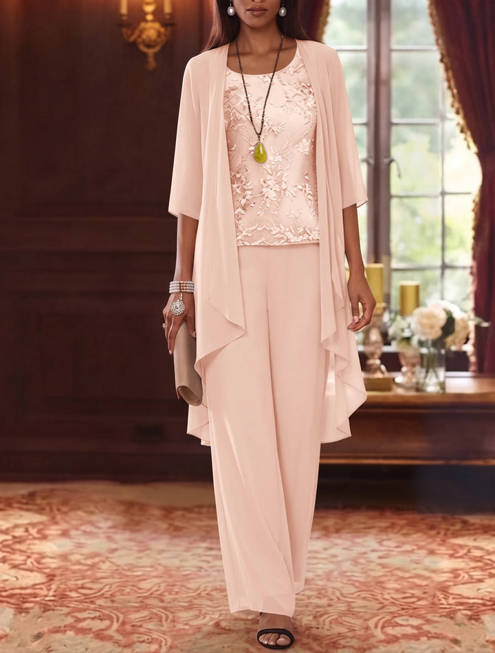 3 Pieces Scoop Chiffon Mother of the Bride Pantsuits with Jacket 3/4 Sleeves Ankle-Length Lace Floral