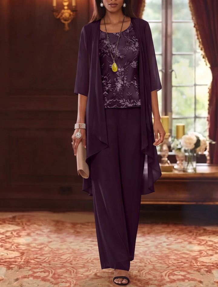 3 Pieces Scoop Chiffon Mother of the Bride Pantsuits with Jacket 3/4 Sleeves Ankle-Length Lace Floral