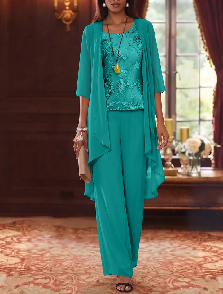 3 Pieces Scoop Chiffon Mother of the Bride Pantsuits with Jacket 3/4 Sleeves Ankle-Length Lace Floral