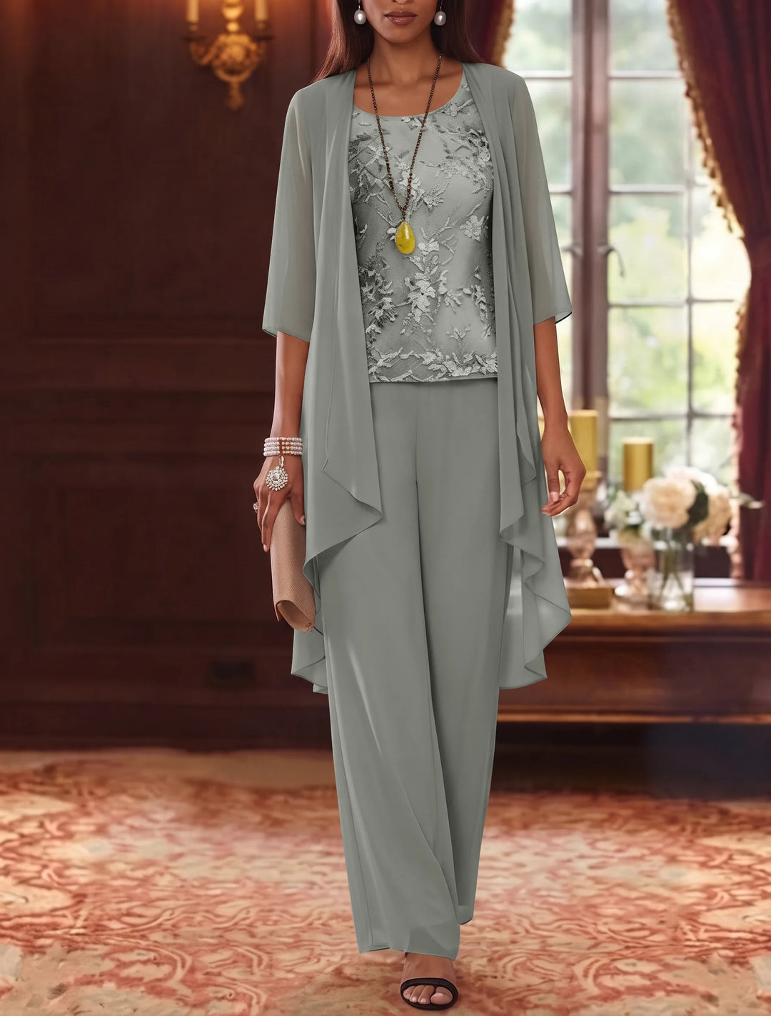 3 Pieces Scoop Chiffon Mother of the Bride Pantsuits with Jacket 3/4 Sleeves Ankle-Length Lace Floral