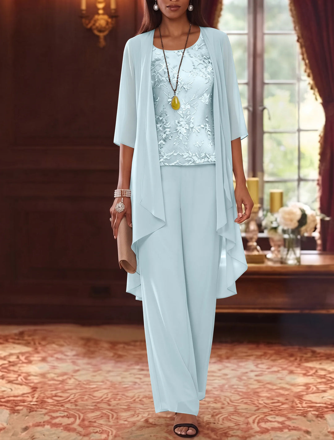 3 Pieces Scoop Chiffon Mother of the Bride Pantsuits with Jacket 3/4 Sleeves Ankle-Length Lace Floral