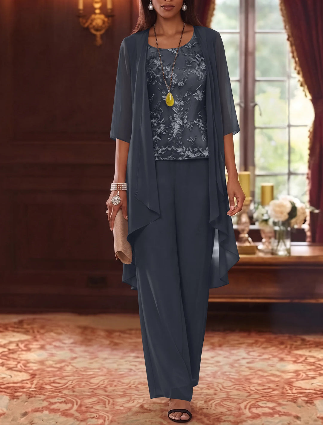 3 Pieces Scoop Chiffon Mother of the Bride Pantsuits with Jacket 3/4 Sleeves Ankle-Length Lace Floral