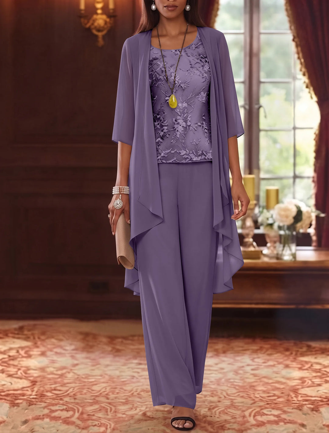 3 Pieces Scoop Chiffon Mother of the Bride Pantsuits with Jacket 3/4 Sleeves Ankle-Length Lace Floral
