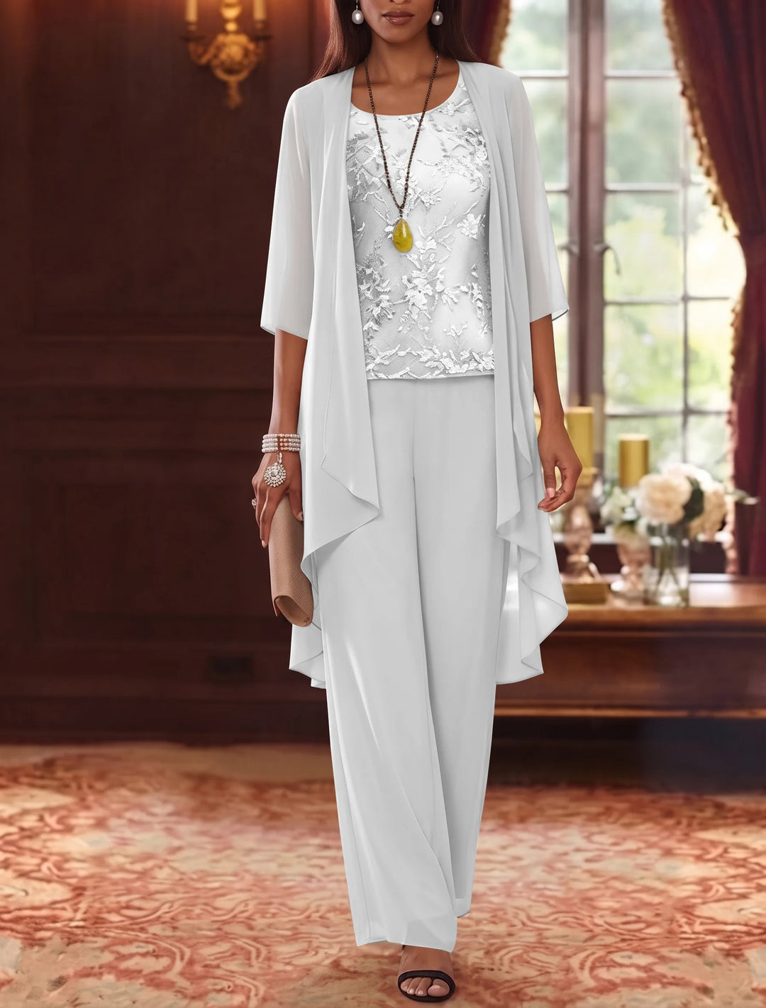 3 Pieces Scoop Chiffon Mother of the Bride Pantsuits with Jacket 3/4 Sleeves Ankle-Length Lace Floral