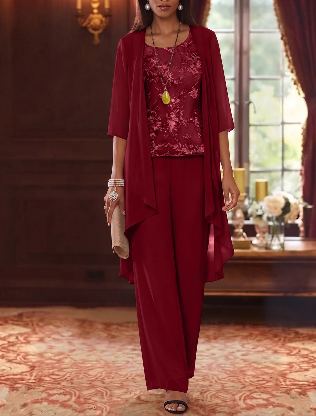 3 Pieces Scoop Chiffon Mother of the Bride Pantsuits with Jacket 3/4 Sleeves Ankle-Length Lace Floral