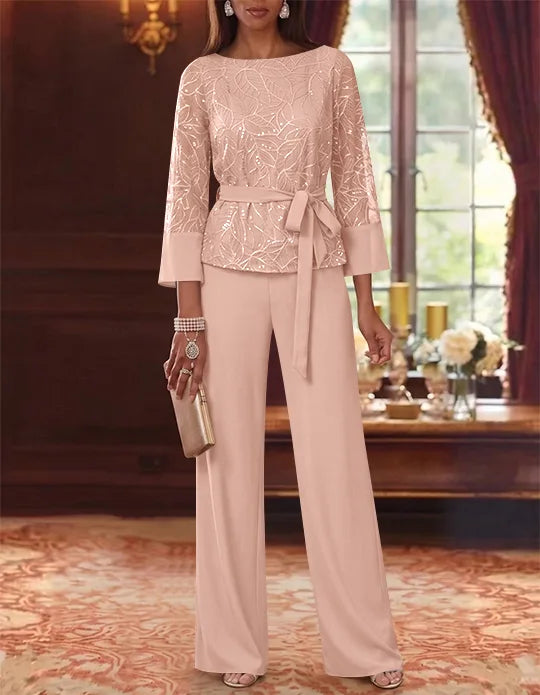 2 Pieces Boat Neck Chiffon Mother of the Bride Pantsuits 3/4 Sleeves Floor-Length Belt Lace Sequin