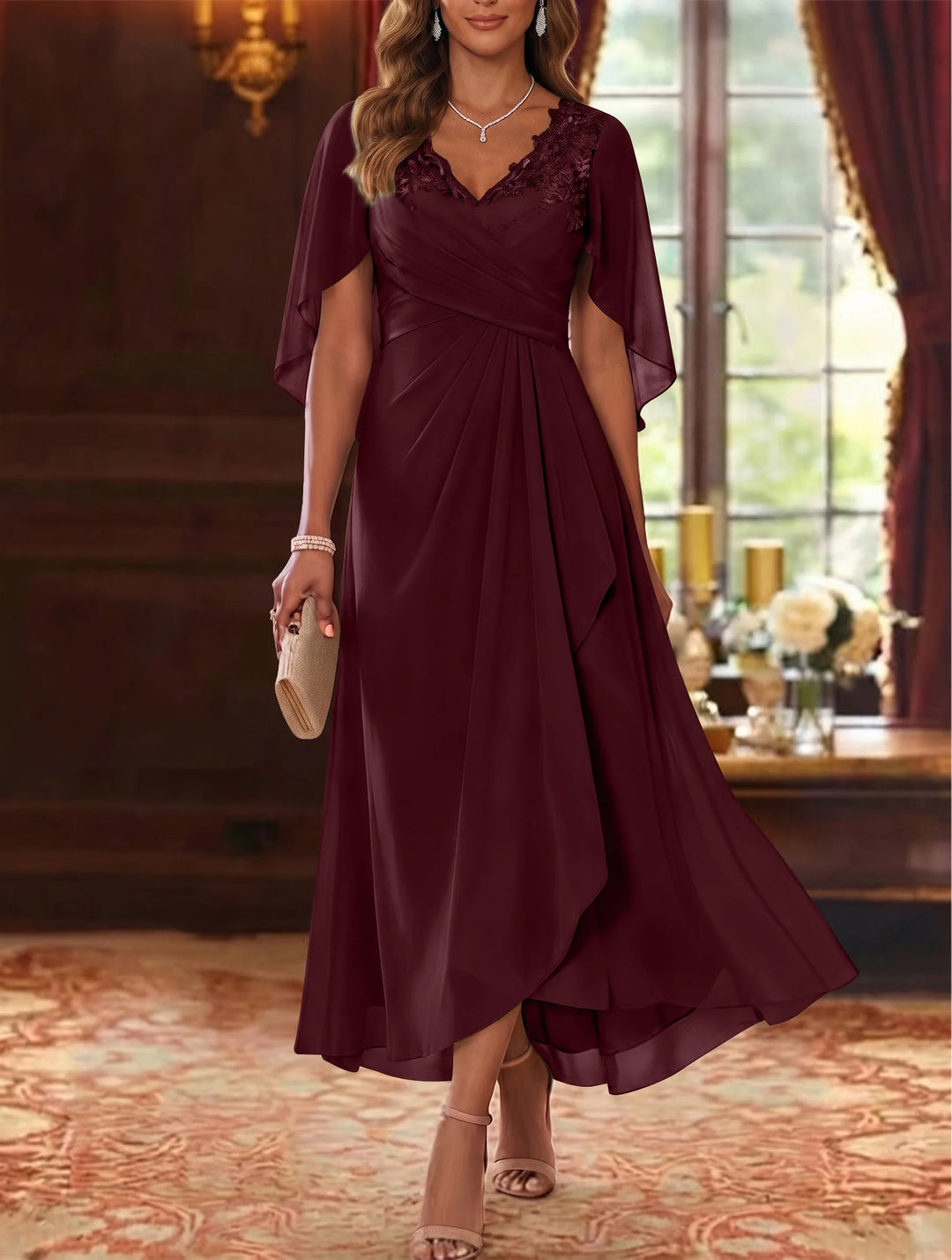 A-Line/Princess V-Neck Chiffon Mother of the Bride Dresses Cape Sleeves Ruched Lace Asymmetrical Tea-Length