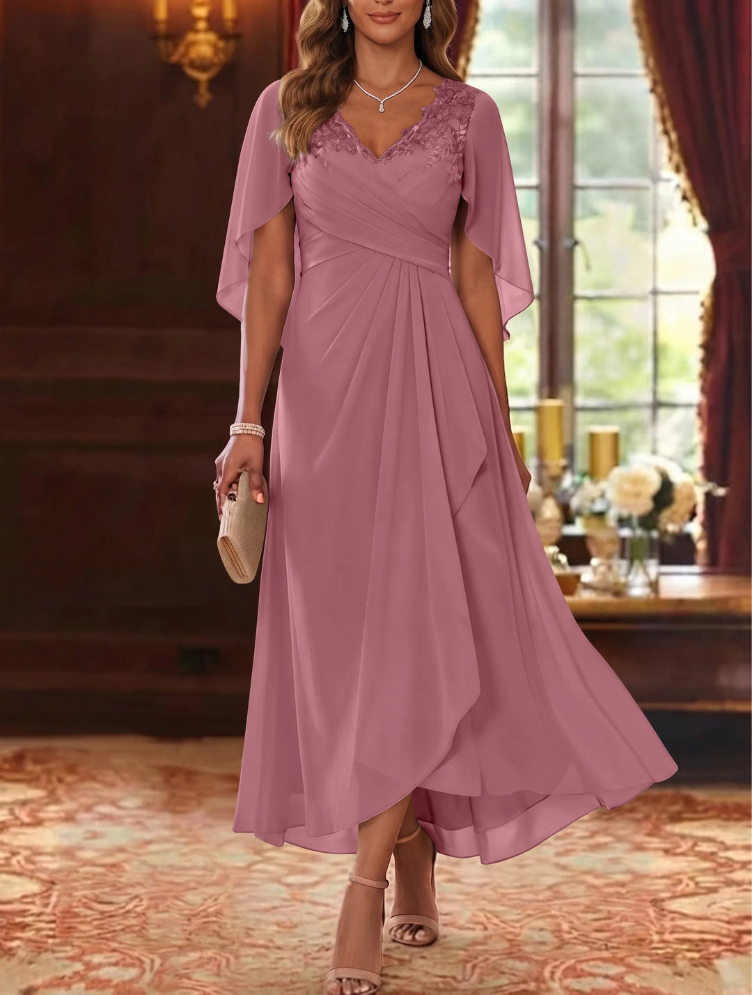 A-Line/Princess V-Neck Chiffon Mother of the Bride Dresses Cape Sleeves Ruched Lace Asymmetrical Tea-Length