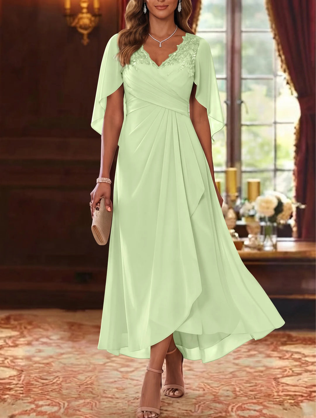 A-Line/Princess V-Neck Chiffon Mother of the Bride Dresses Cape Sleeves Ruched Lace Asymmetrical Tea-Length