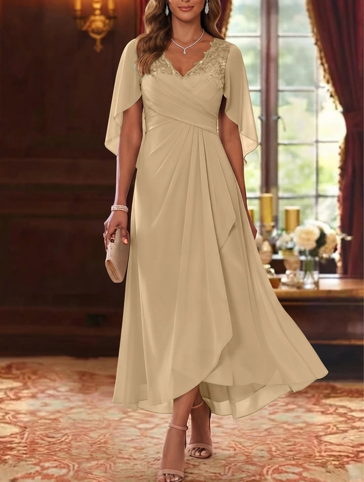 A-Line/Princess V-Neck Chiffon Mother of the Bride Dresses Cape Sleeves Ruched Lace Asymmetrical Tea-Length