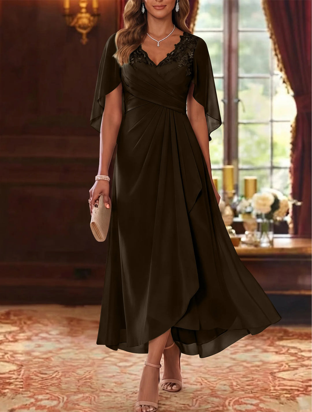 A-Line/Princess V-Neck Chiffon Mother of the Bride Dresses Cape Sleeves Ruched Lace Asymmetrical Tea-Length