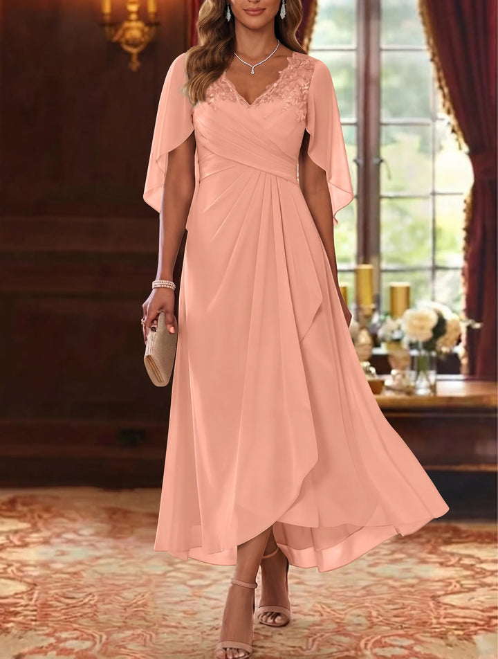 A-Line/Princess V-Neck Chiffon Mother of the Bride Dresses Cape Sleeves Ruched Lace Asymmetrical Tea-Length
