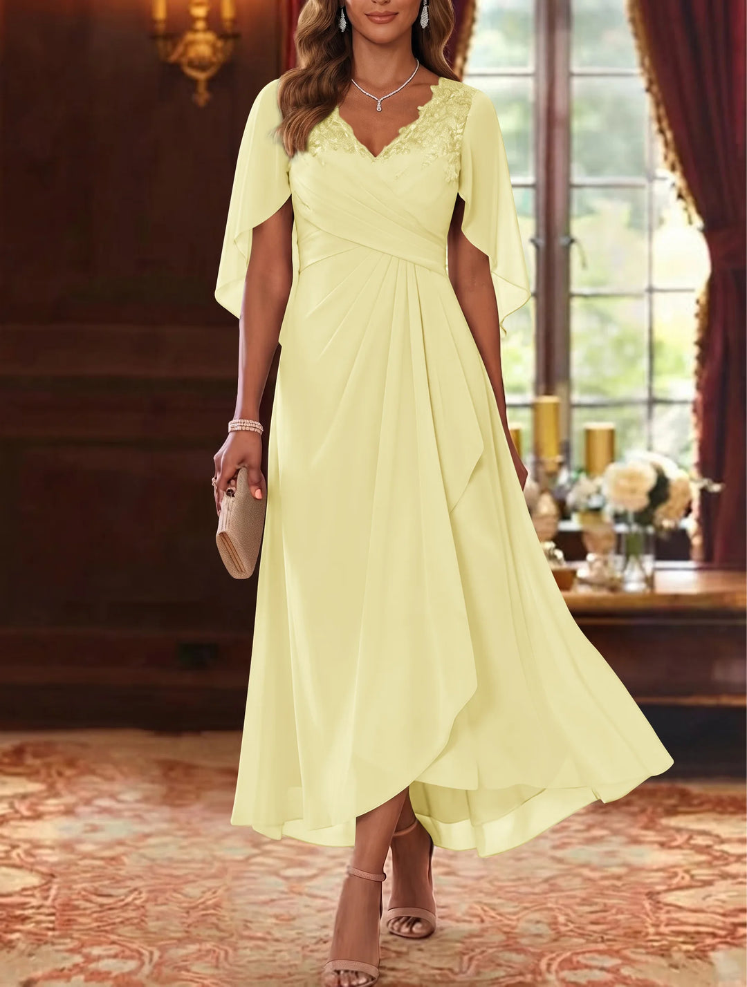 A-Line/Princess V-Neck Chiffon Mother of the Bride Dresses Cape Sleeves Ruched Lace Asymmetrical Tea-Length