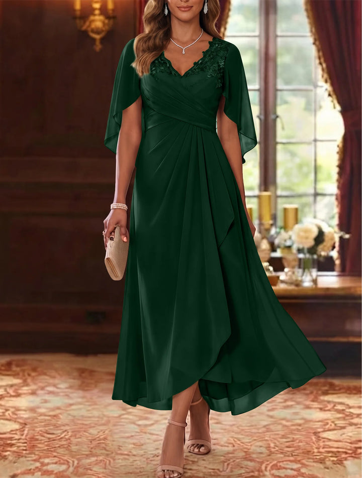 A-Line/Princess V-Neck Chiffon Mother of the Bride Dresses Cape Sleeves Ruched Lace Asymmetrical Tea-Length