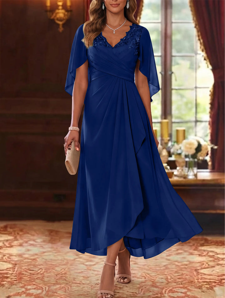 A-Line/Princess V-Neck Chiffon Mother of the Bride Dresses Cape Sleeves Ruched Lace Asymmetrical Tea-Length