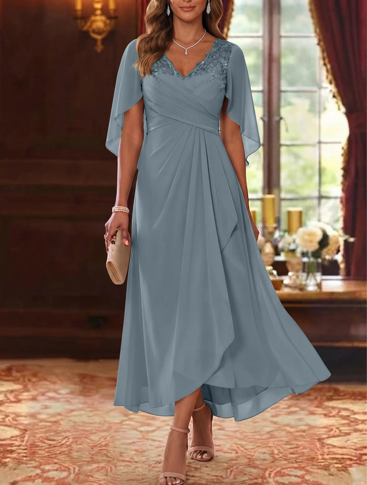 A-Line/Princess V-Neck Chiffon Mother of the Bride Dresses Cape Sleeves Ruched Lace Asymmetrical Tea-Length