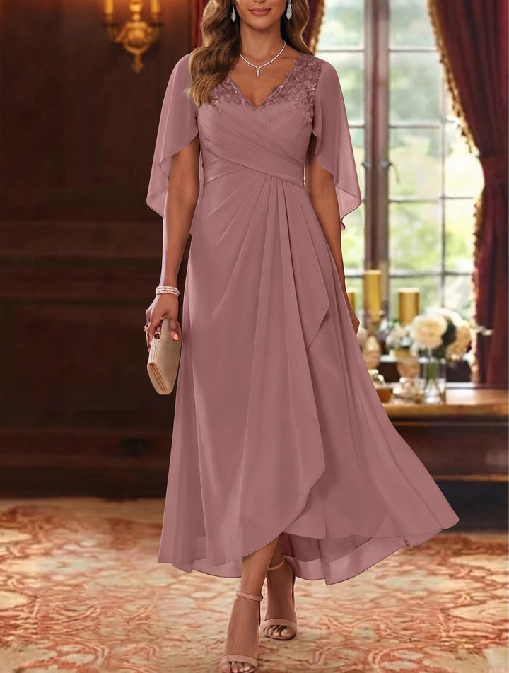 A-Line/Princess V-Neck Chiffon Mother of the Bride Dresses Cape Sleeves Ruched Lace Asymmetrical Tea-Length