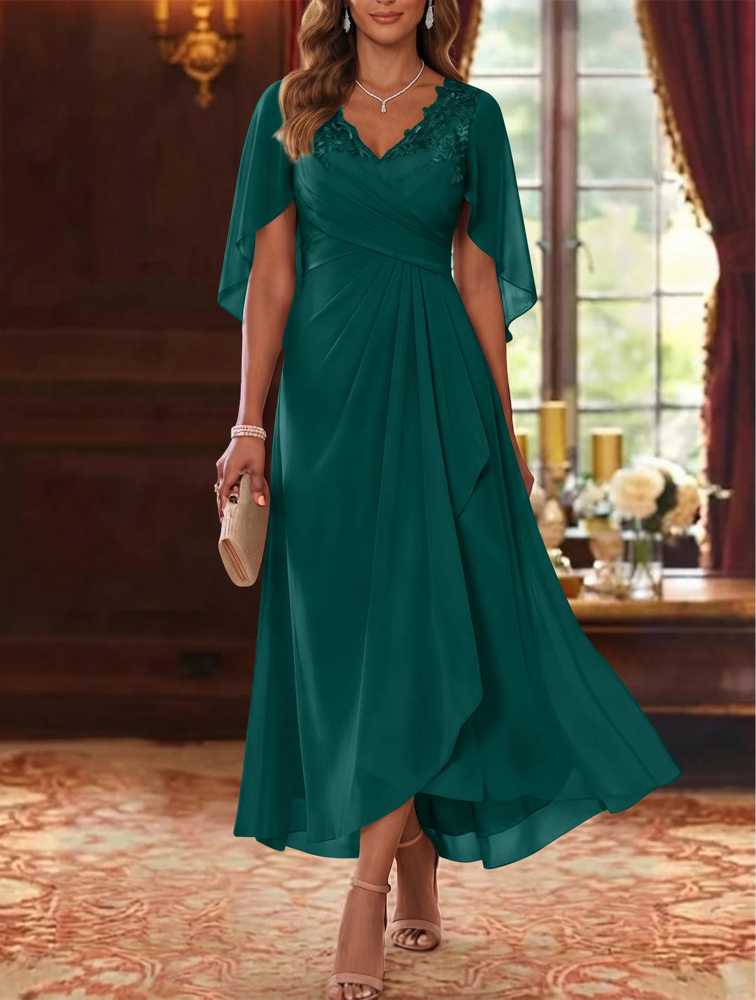 A-Line/Princess V-Neck Chiffon Mother of the Bride Dresses Cape Sleeves Ruched Lace Asymmetrical Tea-Length