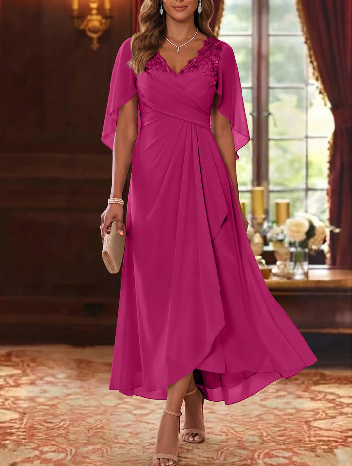 A-Line/Princess V-Neck Chiffon Mother of the Bride Dresses Cape Sleeves Ruched Lace Asymmetrical Tea-Length