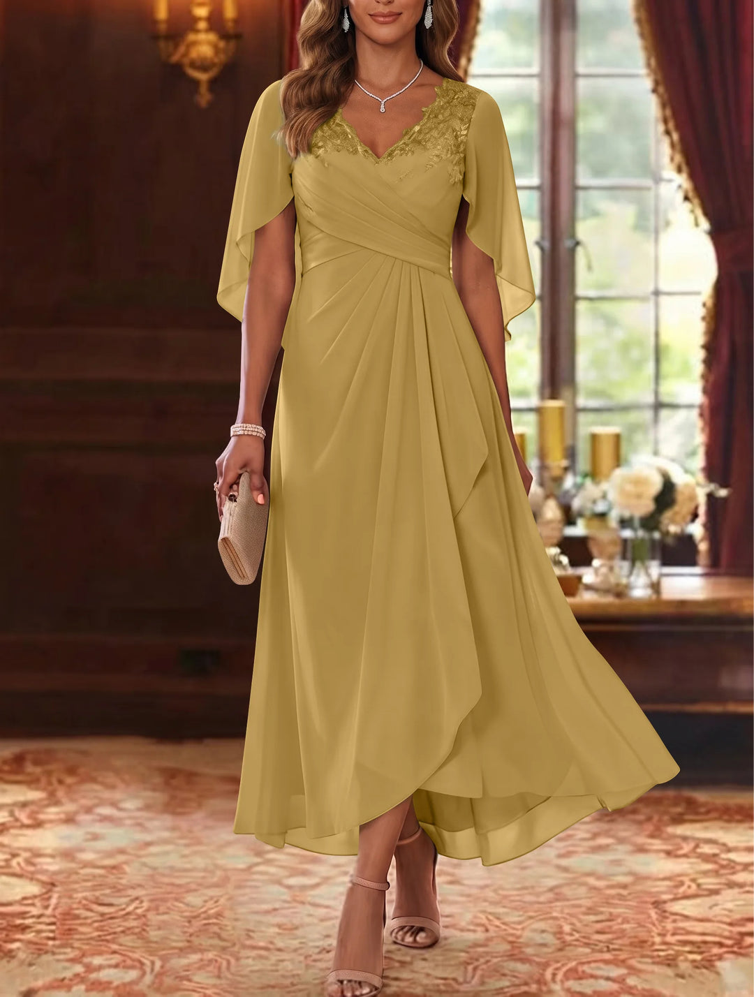 A-Line/Princess V-Neck Chiffon Mother of the Bride Dresses Cape Sleeves Ruched Lace Asymmetrical Tea-Length