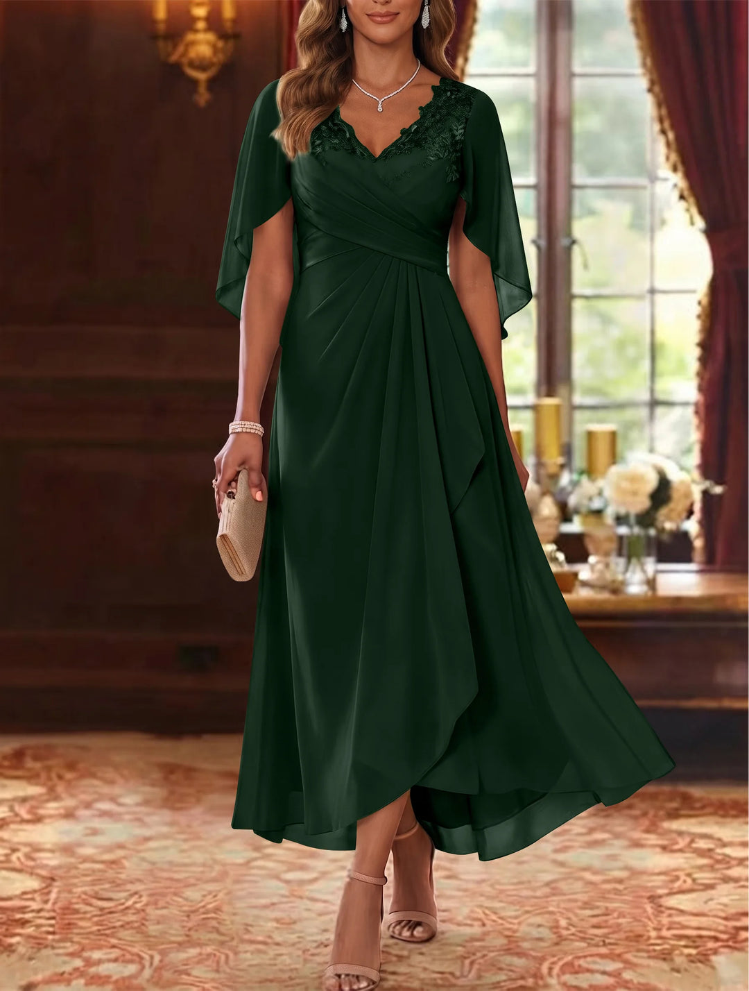 A-Line/Princess V-Neck Chiffon Mother of the Bride Dresses Cape Sleeves Ruched Lace Asymmetrical Tea-Length