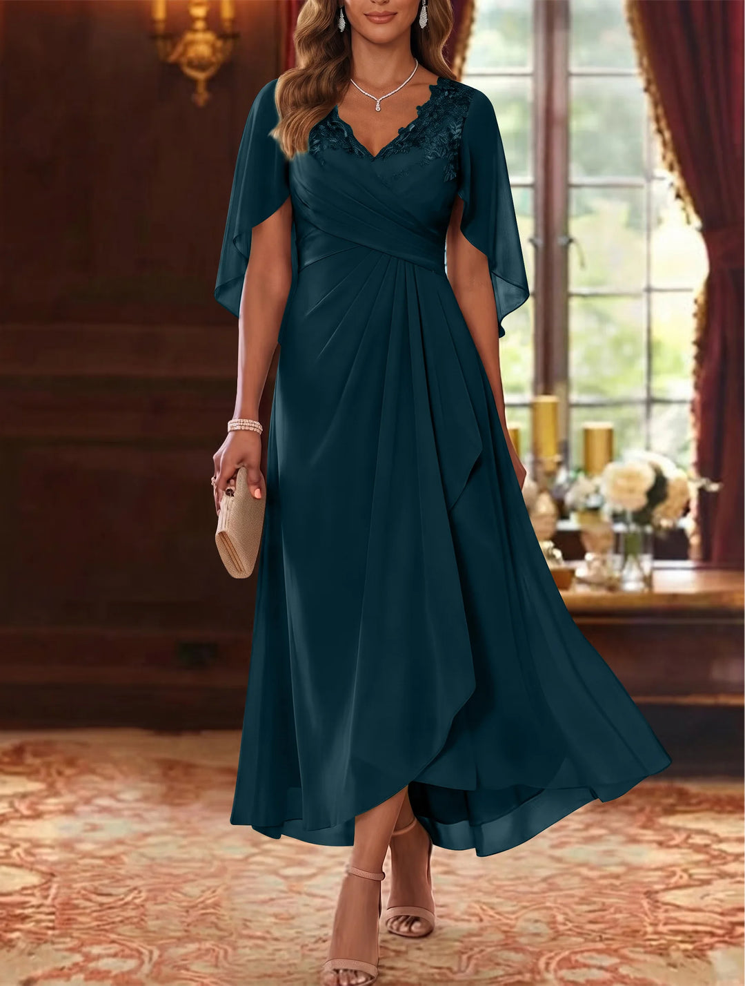 A-Line/Princess V-Neck Chiffon Mother of the Bride Dresses Cape Sleeves Ruched Lace Asymmetrical Tea-Length