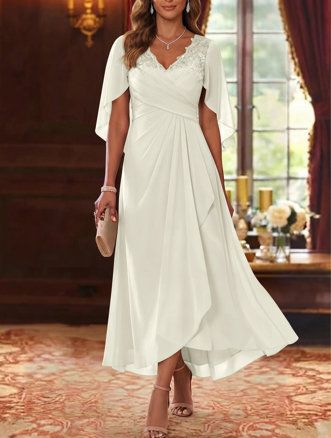 A-Line/Princess V-Neck Chiffon Mother of the Bride Dresses Cape Sleeves Ruched Lace Asymmetrical Tea-Length