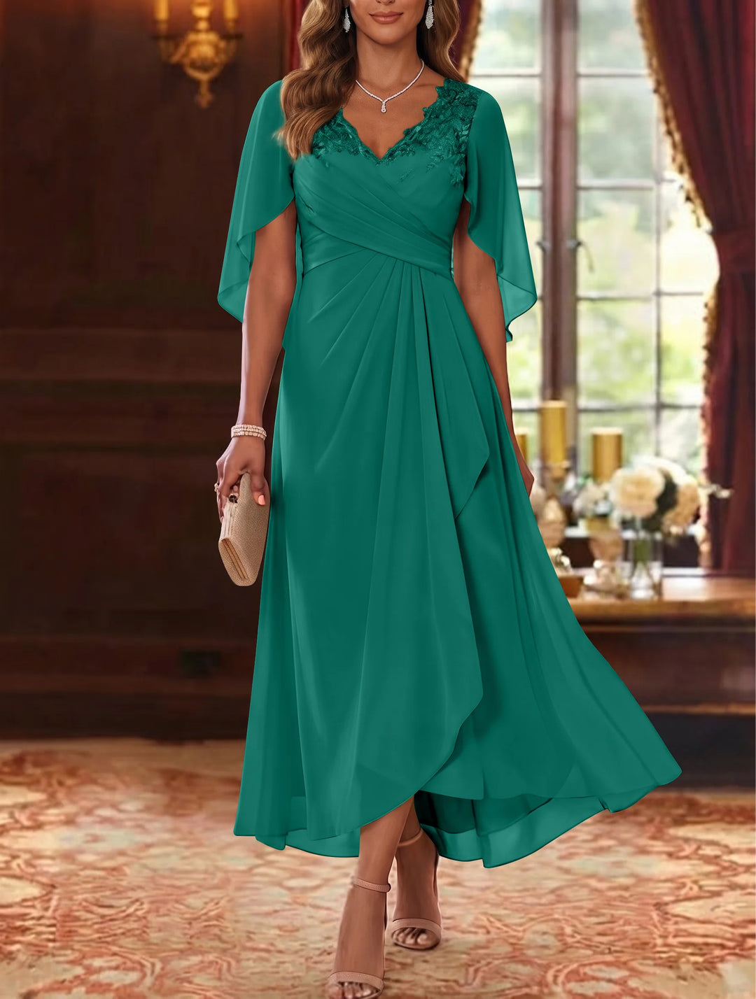 A-Line/Princess V-Neck Chiffon Mother of the Bride Dresses Cape Sleeves Ruched Lace Asymmetrical Tea-Length