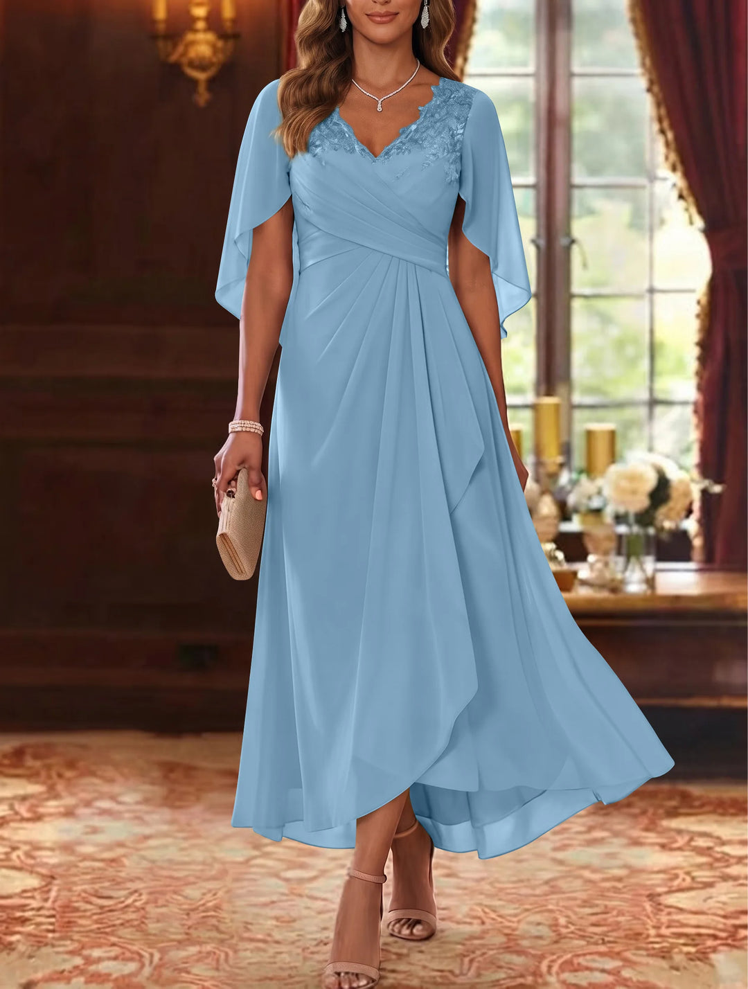 A-Line/Princess V-Neck Chiffon Mother of the Bride Dresses Cape Sleeves Ruched Lace Asymmetrical Tea-Length